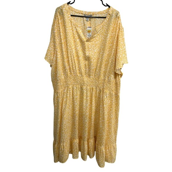 Croft & Barrow NEW Yellow White Floral Short Sleeve Smocked Waist Ruffle Hem Dre - Picture 1 of 11
